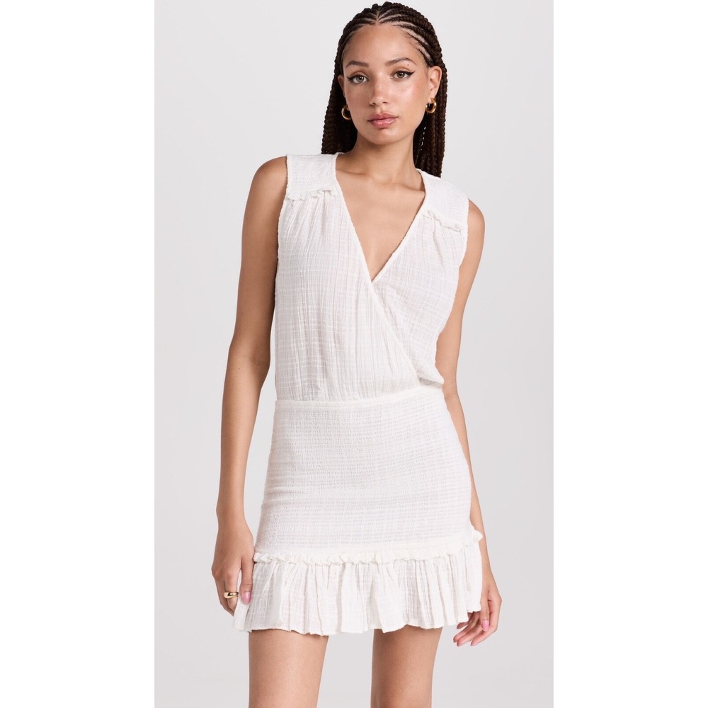 Veronica Beard Cox Dress White Gauze Smocked Mini Dress V-Neck Ruffle Hem XS